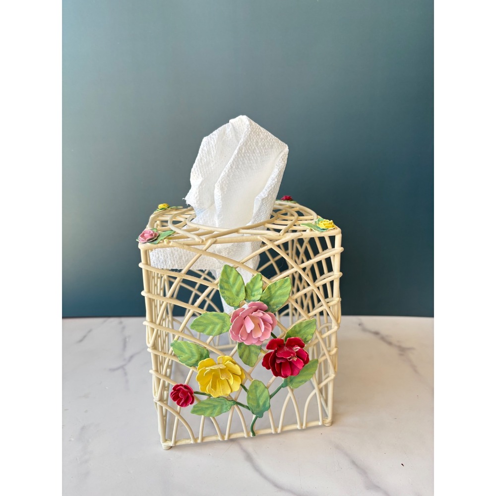 Vintage Metal‎ Tole Wire Floral Tissue Box Cover Cream Lattice Cottagecore Decor